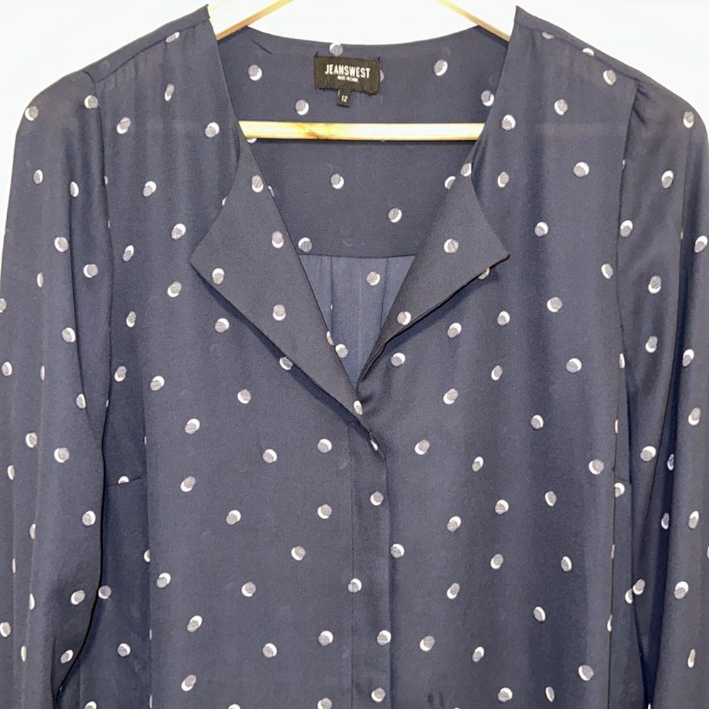 Jeanswest 10 Navy Blush Pink Polka Spotted Button Front Long Sleeve Blouse - Picture 5 of 13